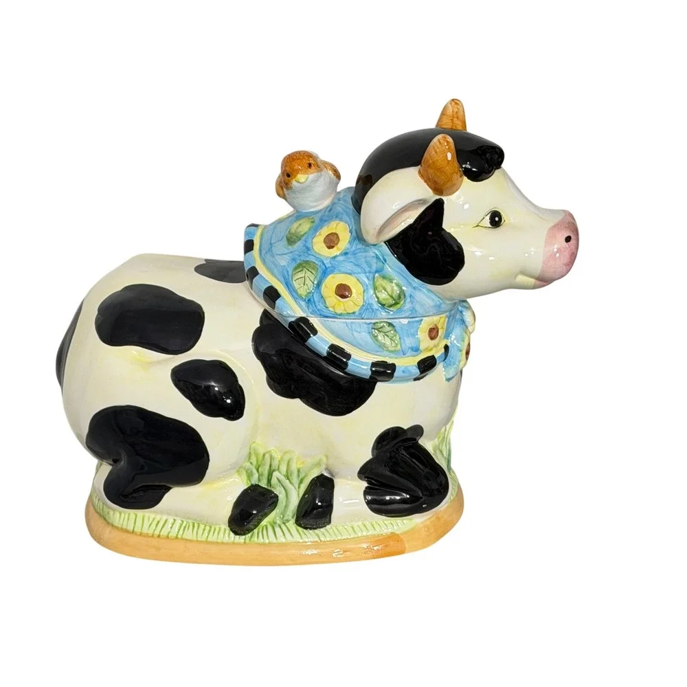 Intl Art Cow Cookie Jar Unisex OS Black White Floral Scarf Bird Farmhouse Decor